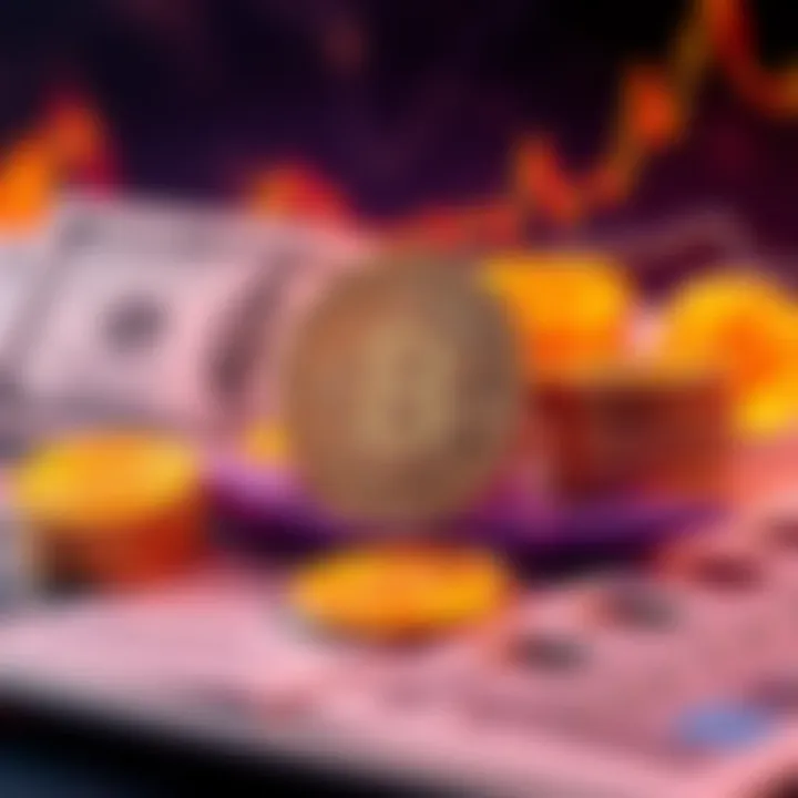 A graphic showing a rising Bitcoin price chart with the dollar and gold bars in the background