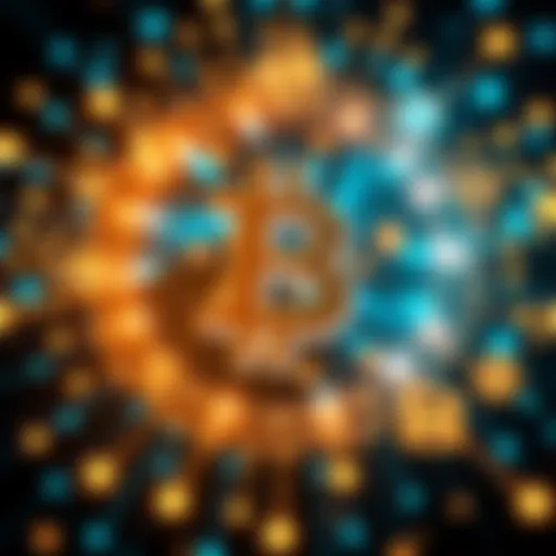 A Bitcoin symbol surrounded by digital lines and icons representing various sectors like finance and commerce