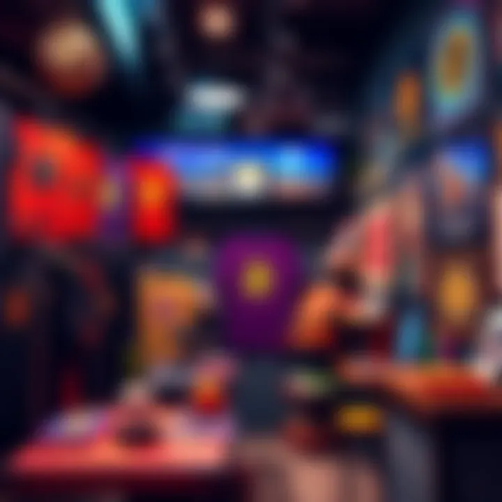 A colorful display of Bitcoin-themed shirts, accessories, and art in Blockchain Studio