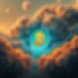 An illustration of a Bitcoin symbol surrounded by dark clouds representing threats and surveillance.