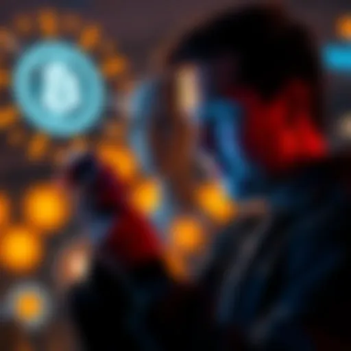 A person looking at their phone, relieved after confirming a Bitcoin transfer was successful, with digital currency symbols in the background.