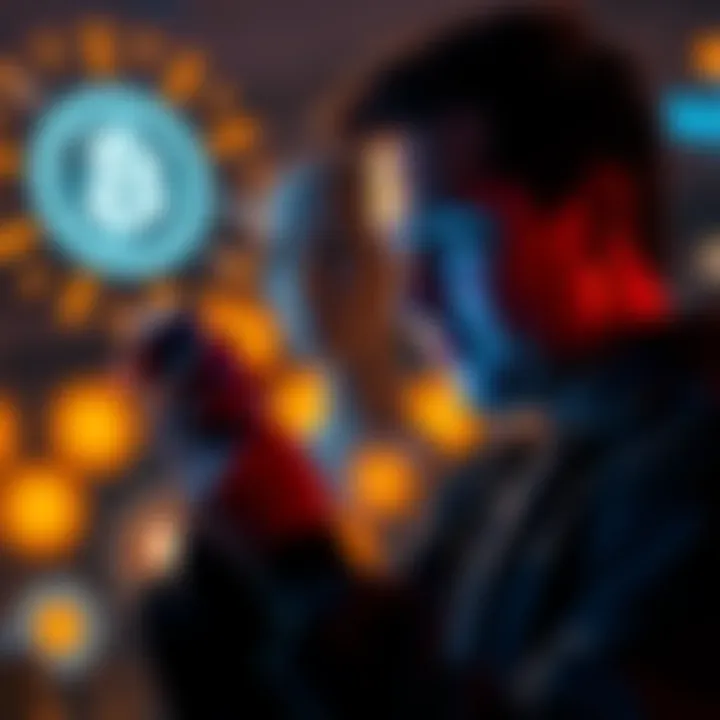 A person looking at their phone, relieved after confirming a Bitcoin transfer was successful, with digital currency symbols in the background.