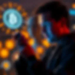 Bitcoin transfer confirmation A person looking at their phone, relieved after confirming a Bitcoin transfer was successful, with digital currency symbols in the background.