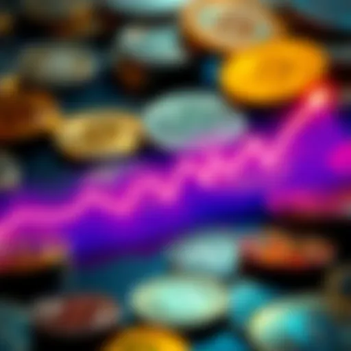 Line graph showing Bitcoin price increasing over time with coins in the background