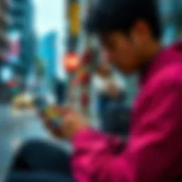 A person using a smartphone to make a Bitcoin transaction while sitting on a street in a city facing economic struggles