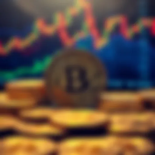 A visual representation of Bitcoin coins with a backdrop of fluctuating stock market graphs, symbolizing the uncertainty of its value in 2026.