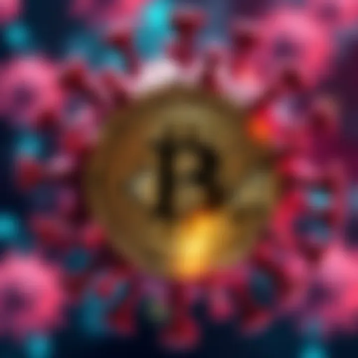 A digital representation of Bitcoin symbol intertwined with virus-like structures, illustrating the controversial comparison of Bitcoin to a virus.