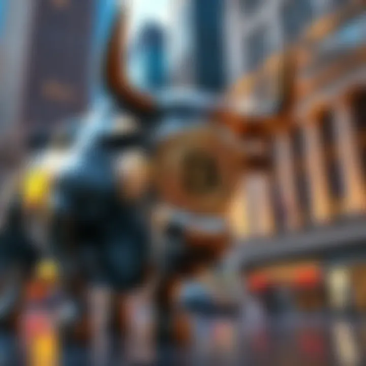 A visual representation showing Bitcoin symbols alongside Wall Street's iconic charging bull, illustrating the connection between cryptocurrency and the stock market.