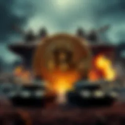 Bitcoin symbol surrounded by symbols of conflict like tanks and smoke