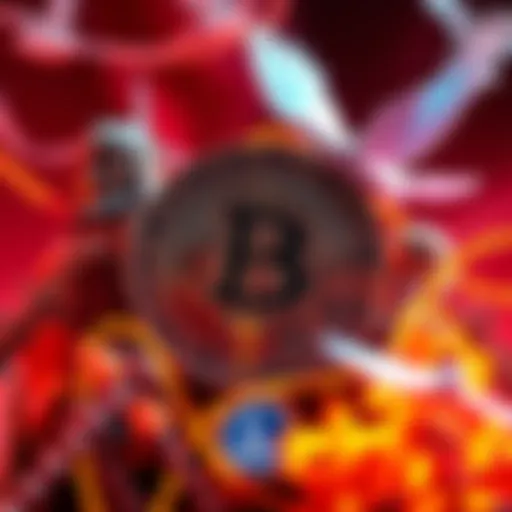 A visual representation of Bitcoin surrounded by symbols of war, like a soldier's helmet, and peace, such as a dove, highlighting the impact of global events on cryptocurrency.