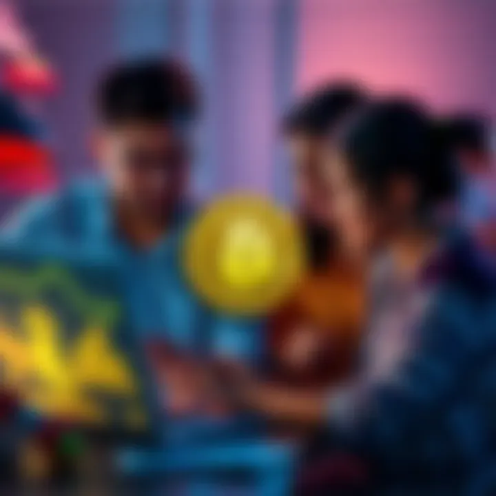 A family discussing financial security while looking at a Bitcoin graphic on a laptop