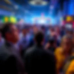Crowd gathered at the Bitcoin 2026 conference in Las Vegas, with a congressman speaking confusedly and security escorting a woman out, illustrating the event's tension and drama.