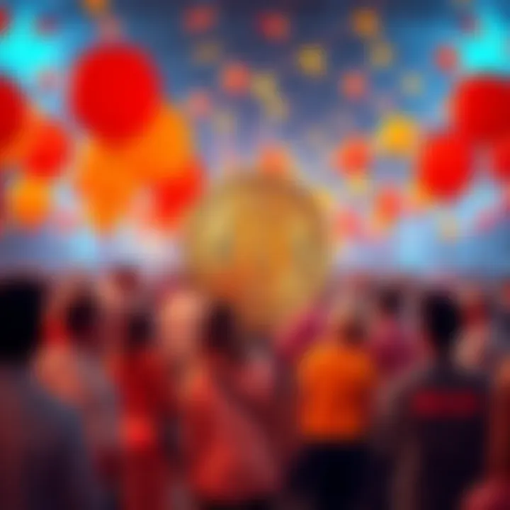 Bitcoin 40th Anniversary Celebration A festive gathering with people celebrating Bitcoin's 40th anniversary, featuring balloons and digital currency symbols, showcasing its importance in finance.