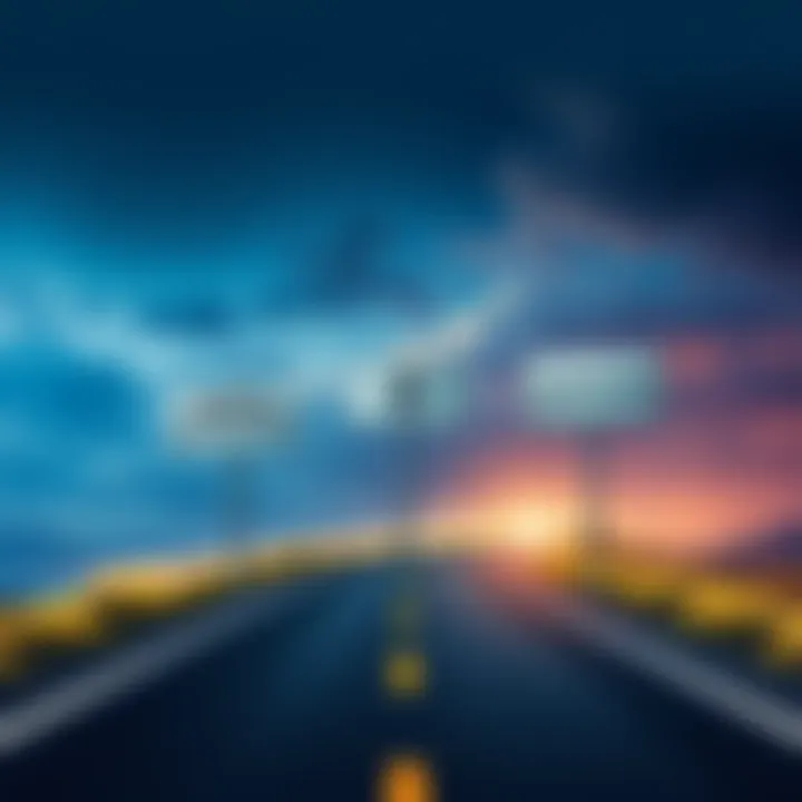 A road with three signs showing denial, opposition, and acceptance of Bitcoin, symbolizing the journey to understanding cryptocurrency.