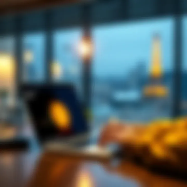 A person using a laptop with a Bitcoin logo while planning their trip to Europe.