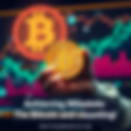 A person holding a Bitcoin symbol with a joyful expression, set against a backdrop of digital currency graphics, representing success in cryptocurrency ownership.