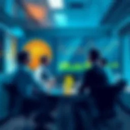 A group of business professionals discussing Bitcoin and ETFs in an office setting, with charts and graphs on a screen showing crypto market trends.