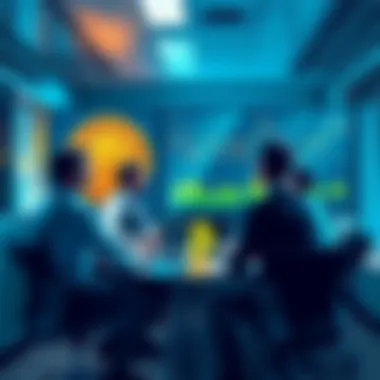 A group of business professionals discussing Bitcoin and ETFs in an office setting, with charts and graphs on a screen showing crypto market trends.