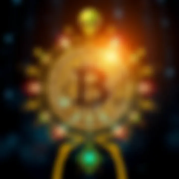 Visual of Bitcoin logo surrounded by alien symbols reflecting advanced technology and human behavior study
