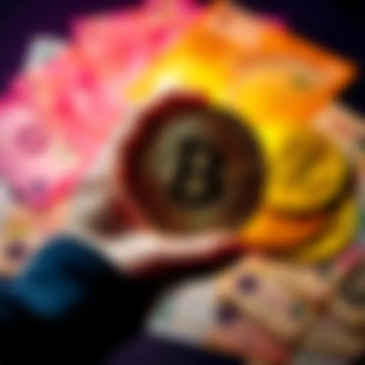 A person holding a Bitcoin symbol with traditional currency notes in the background