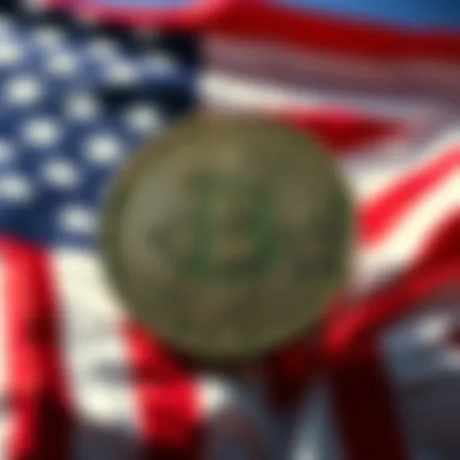 A Bitcoin symbol in front of a waving American flag, representing financial freedom and the spirit of the American Dream.