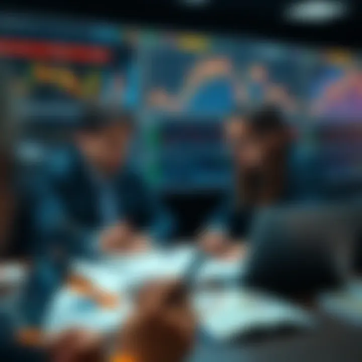 Two Bitcoin market analysts discussing insights with charts and graphs on a table