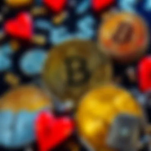 A visual representation of Bitcoin coins surrounded by symbols of greed, like dollar signs and broken hearts, illustrating the limitations of cryptocurrency in addressing human behavior.