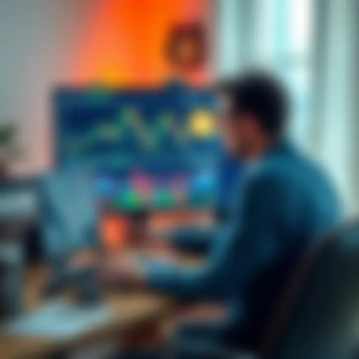 A person analyzing Bitcoin price charts while considering ASIC miner investments, showcasing a laptop and graphs in a home office setting.