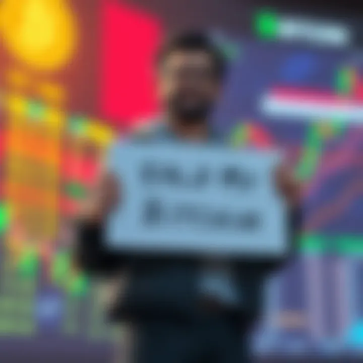 A crypto enthusiast standing confidently, holding a sign that reads 'Sold My Bitcoin', with a hopeful expression and a bright market chart in the background.