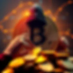 A visual representation of Bitcoin with a shadowy figure manipulating digital coins, symbolizing risks of a backdoor in the cryptocurrency.