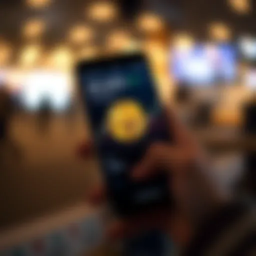 A close-up of a smartphone displaying a Bitcoin balance of 29,593. The screen shows a chart indicating value fluctuations. A person's hand is holding the phone, looking curious about the investment.