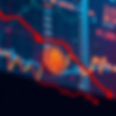 A downward trending Bitcoin price chart with red arrows indicating a bear market