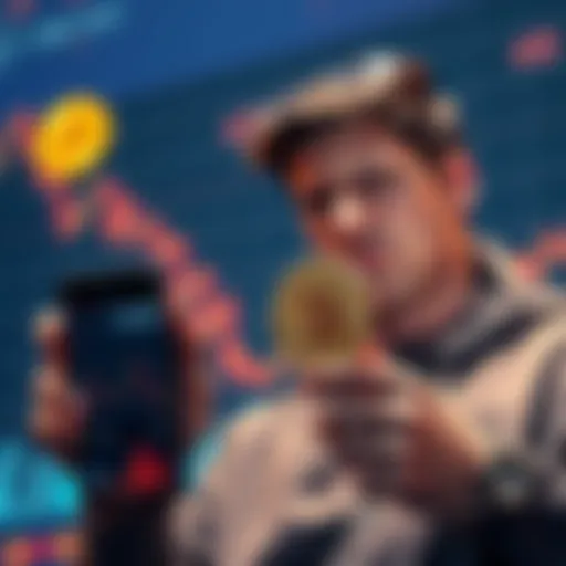 A person looking worried while checking Bitcoin prices on a smartphone with a downward trending graph in the background.