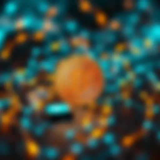 A visual representation of Bitcoin surrounded by digital blockchain symbols, highlighting its value and mining process.