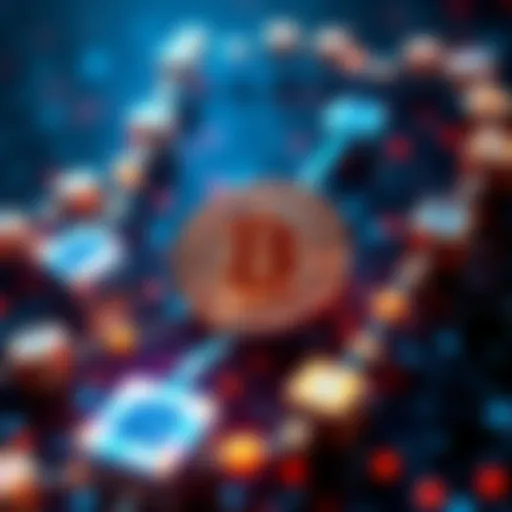 A visual representation of Bitcoin symbol and blockchain blocks connected with digital chains, illustrating the concept of cryptocurrency and data security.