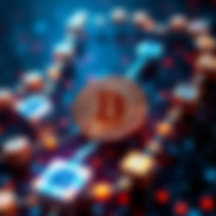 A visual representation of Bitcoin symbol and blockchain blocks connected with digital chains, illustrating the concept of cryptocurrency and data security.