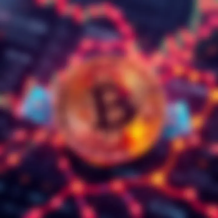 Bitcoin and Blockchain Illustration An illustration of the Bitcoin logo with interconnected blocks representing blockchain technology, set against a financial background.