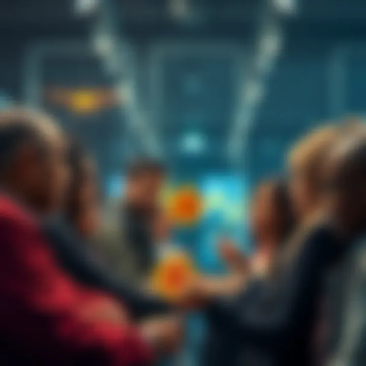 Bitcoin and Blockchain Impact on Society A diverse group of people discussing Bitcoin and blockchain technology, highlighting its societal benefits like combating inflation and promoting renewable energy.