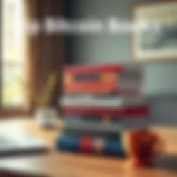 A collection of bitcoin books stacked on a wooden table, with a laptop and coffee cup nearby