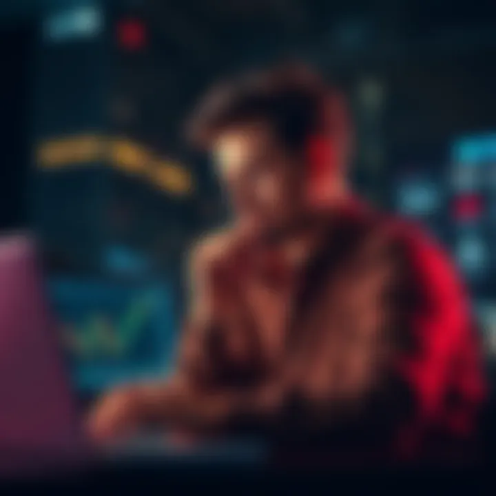 Individual considering the financial impact of borrowing against Bitcoin, looking thoughtful with a laptop open displaying cryptocurrency charts.