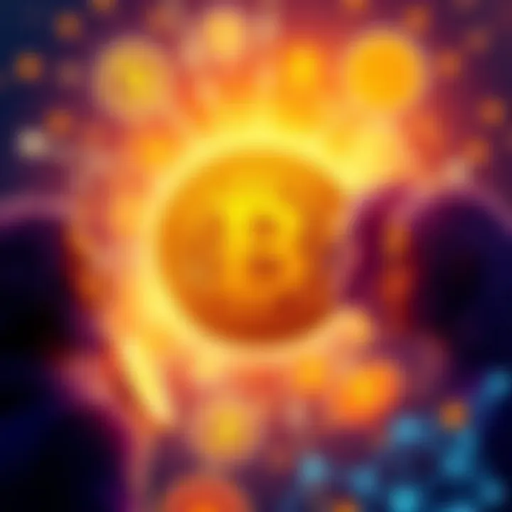 A visual representation of various people contributing to the idea of Bitcoin, with digital currency symbols and interconnected lines in the background.