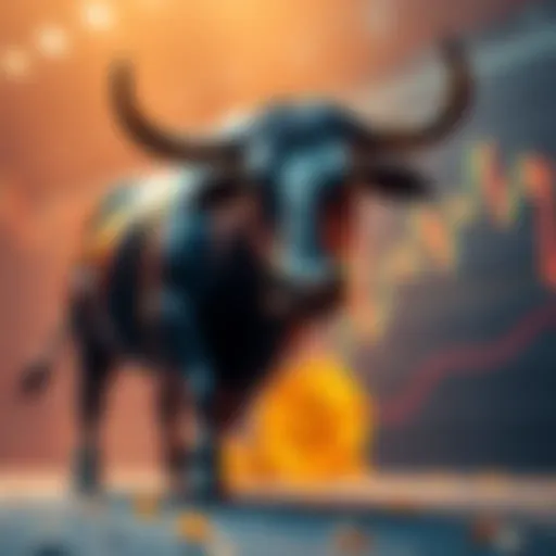 A bull symbolizing strong investment in Bitcoin trading, with a background showing a downward trend in the Bitcoin price graph.