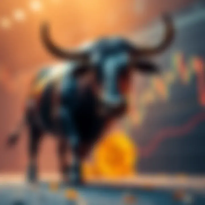A bull symbolizing strong investment in Bitcoin trading, with a background showing a downward trend in the Bitcoin price graph.