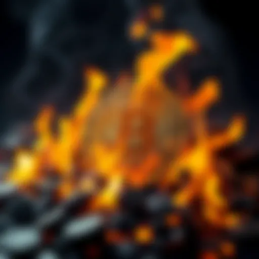 Representation of Bitcoin coins with flames, symbolizing the burning of 107 BTC worth over $8 million