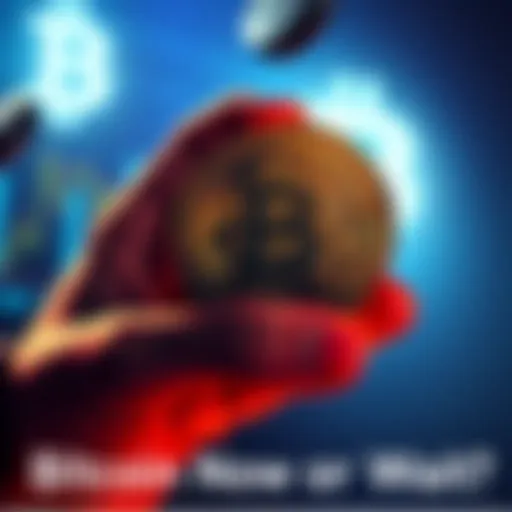 Bitcoin Buy or Wait Decision A person holding a Bitcoin with a question mark, pondering whether to buy now or wait.