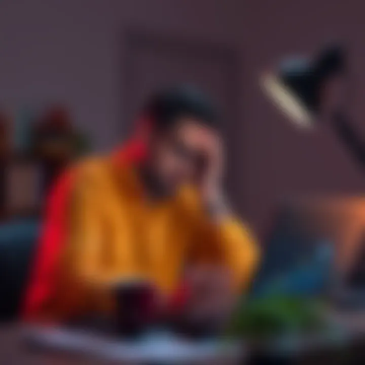 Bitcoin buyer looking worried A person sitting at a desk with a laptop, showing a graph of Bitcoin's price decline, looking frustrated and deep in thought, symbolizing regret about past investment decisions.