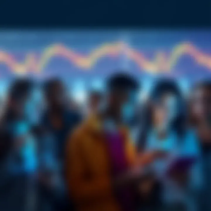 A group of diverse individuals shares their thoughts on buying Bitcoin during market downturns, showing expressions of contemplation and hope, as they look at price charts on their devices.