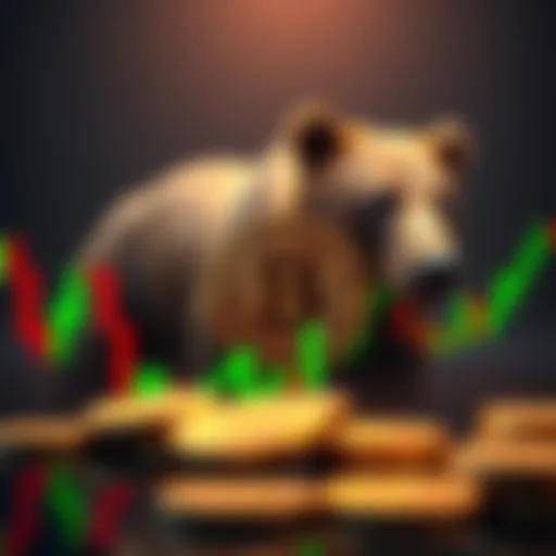 A chart showing green and red candles representing Bitcoin's price movement, with a bear in the background symbolizing market volatility.