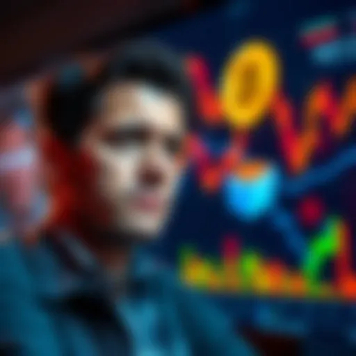 A person contemplating selling Bitcoin for tax benefits, with a chart showing market fluctuations in the background.