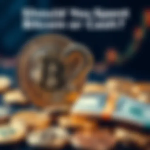 A visual representation of cash and bitcoin coins with a question mark, indicating a choice between spending bitcoin or cash.